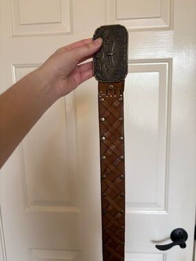 Vintage Brown Leather Braided Stud Belt with Ornate Metal Buckle